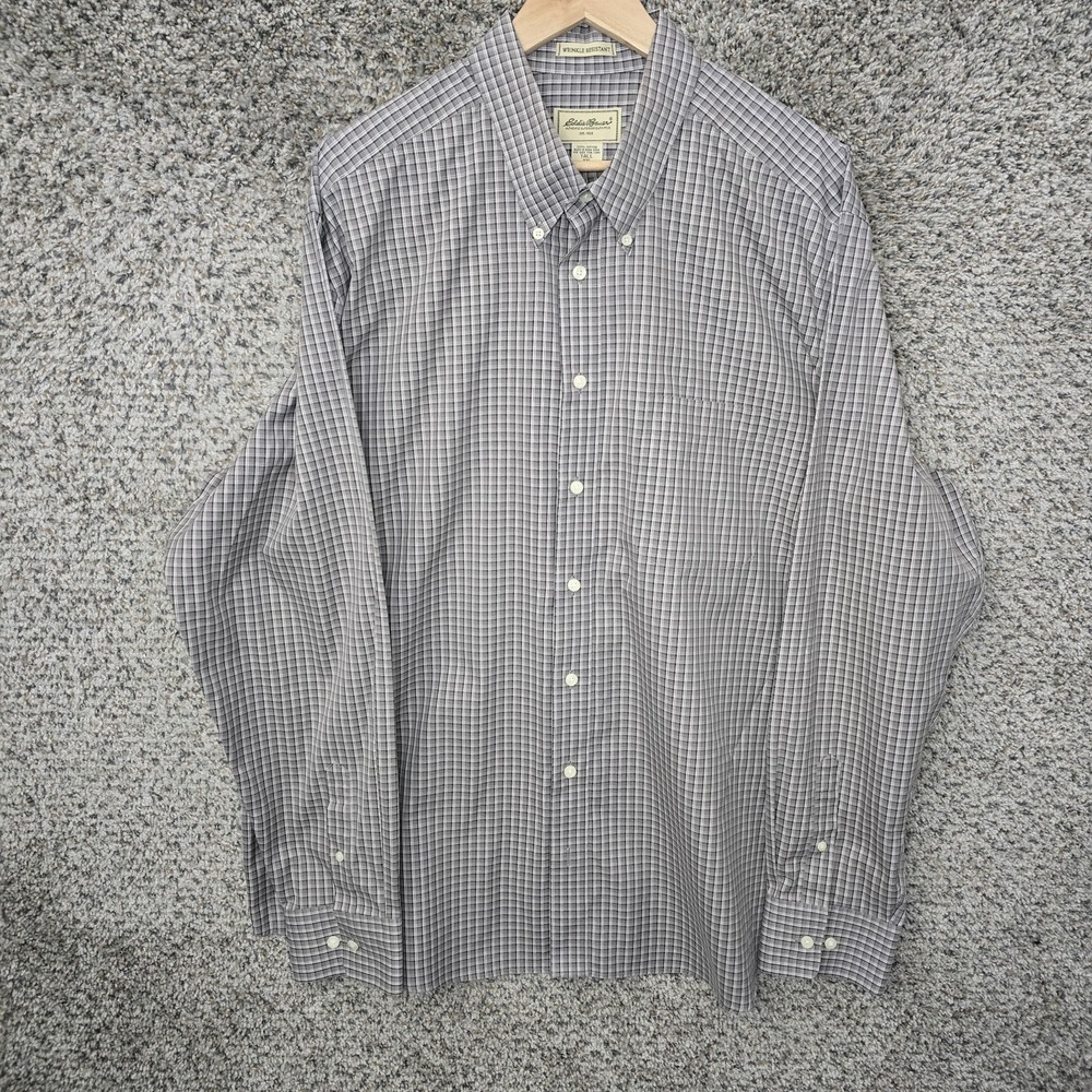 Eddie Bauer Shirt Mens XXL 2XL Gray Plaid Button Down‎ Wrinkle Resistant Cotton